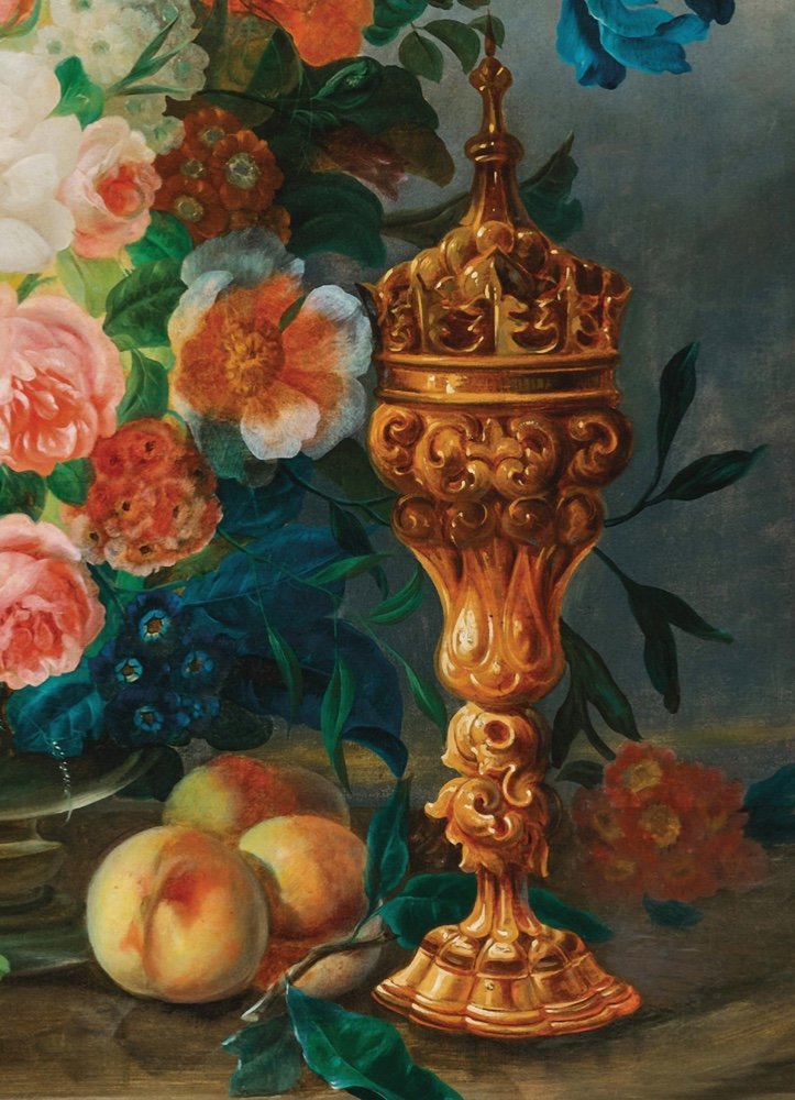 Grande nature morte aux fleurs et coupe en argent par Eduard  Wuger (Austrian 1830-1880)-photo-5