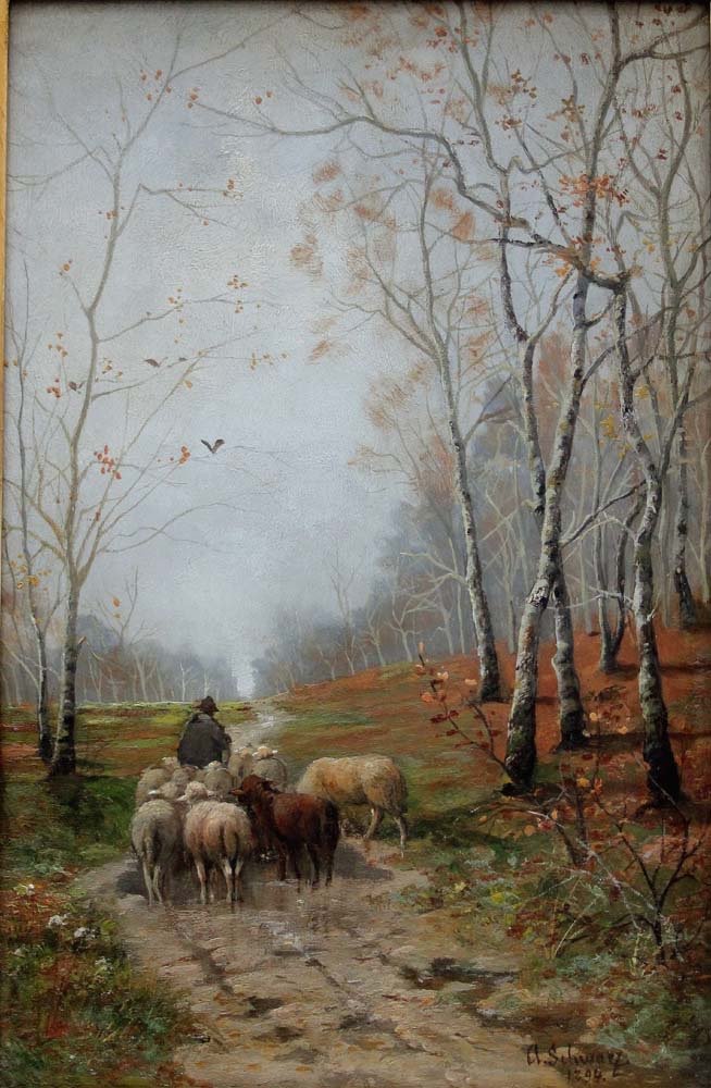 Berger avec moutons sur un chemin forestier par Karl Kaufmann (1843-1905) attribué à-photo-2