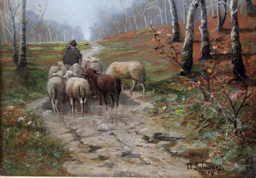 Berger avec moutons sur un chemin forestier par Karl Kaufmann (1843-1905) attribué à-photo-2