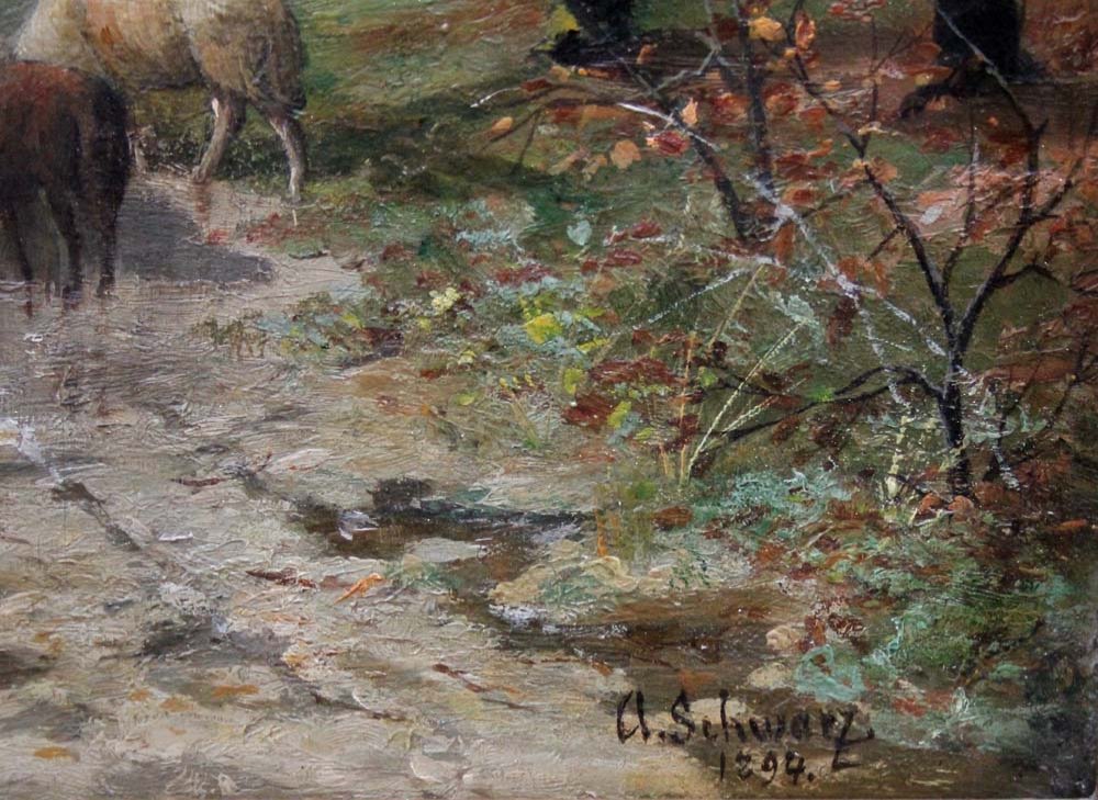 Berger avec moutons sur un chemin forestier par Karl Kaufmann (1843-1905) attribué à-photo-3