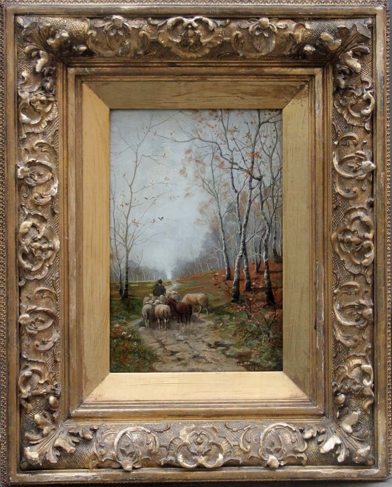 Berger avec moutons sur un chemin forestier par Karl Kaufmann (1843-1905) attribué à