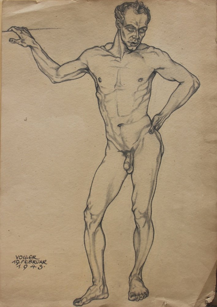 Étude de nu masculin par Eleonore Vogler (classée autrichienne, 1920-après 1958)