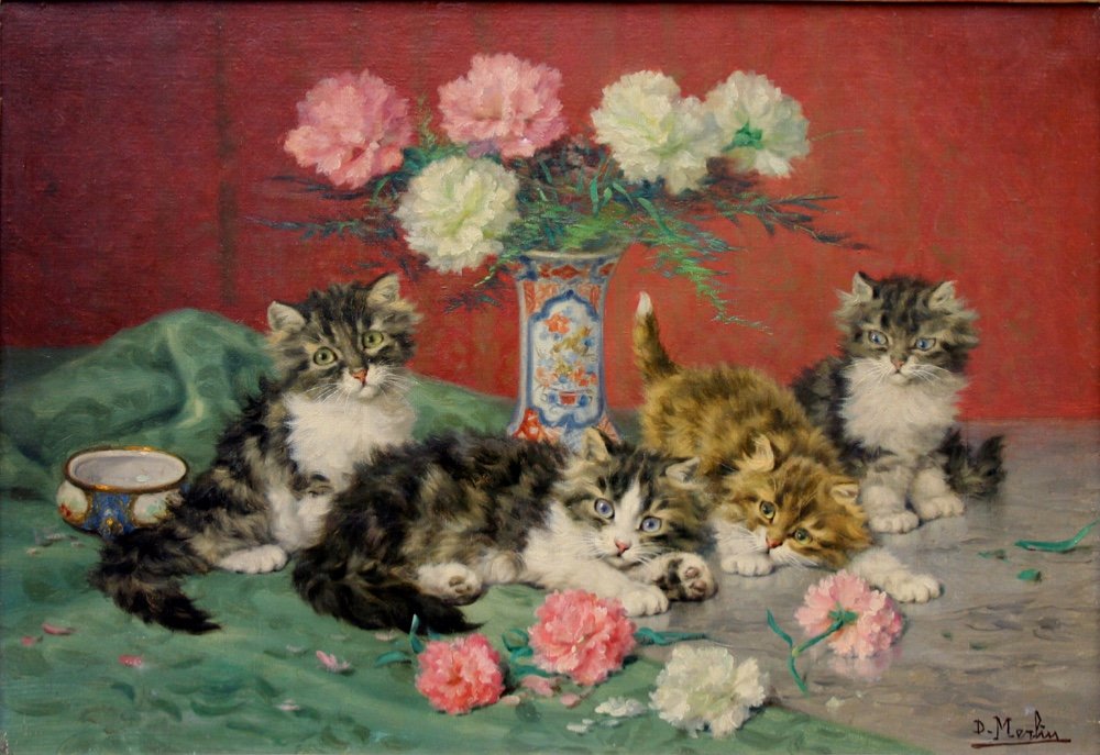 Daniel Merlin (french, 1861 - 1933) Kittens And Flowers-photo-2