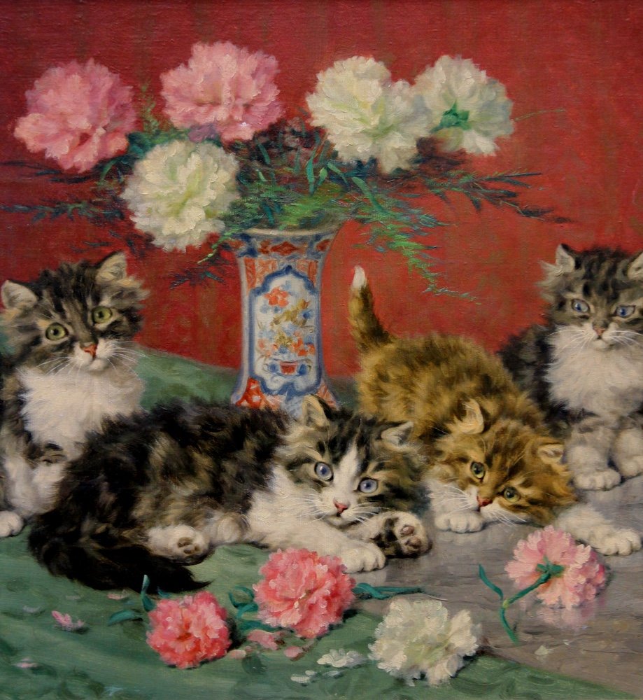 Daniel Merlin (french, 1861 - 1933) Kittens And Flowers-photo-3