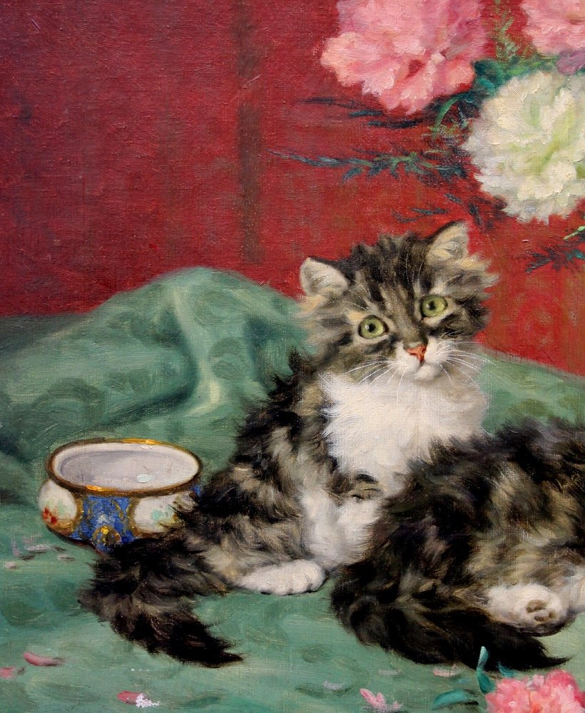 Daniel Merlin (french, 1861 - 1933) Kittens And Flowers-photo-2