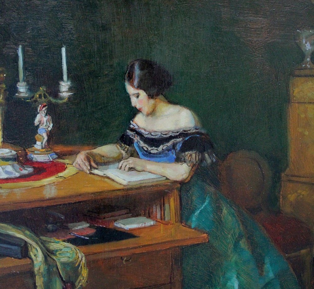 Woman Reading In An Interior By Otto Herschel (austrian, Born 1871)-photo-3