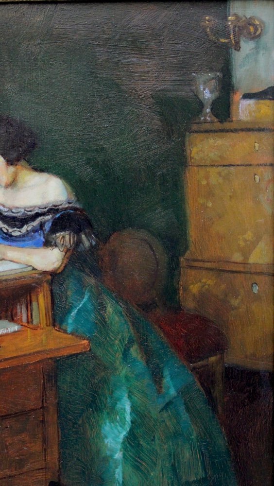 Woman Reading In An Interior By Otto Herschel (austrian, Born 1871)-photo-3