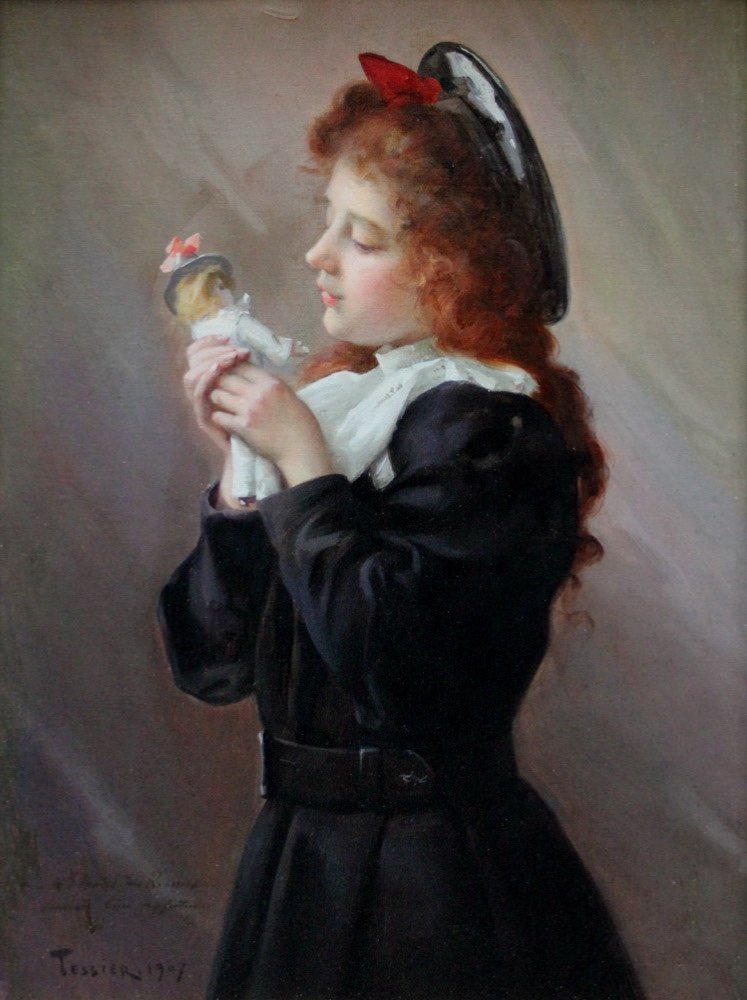 Jeune fille au jouet de Louis Adolphe TESSIER (Français 1858 - 1915)-photo-2