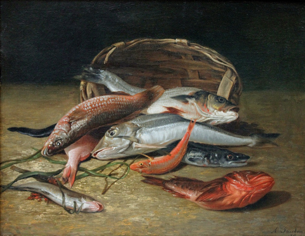 Nature morte aux poissons de mer par Adolphe Jourdan (Français, 1825 - Nîmes - 1889)-photo-2