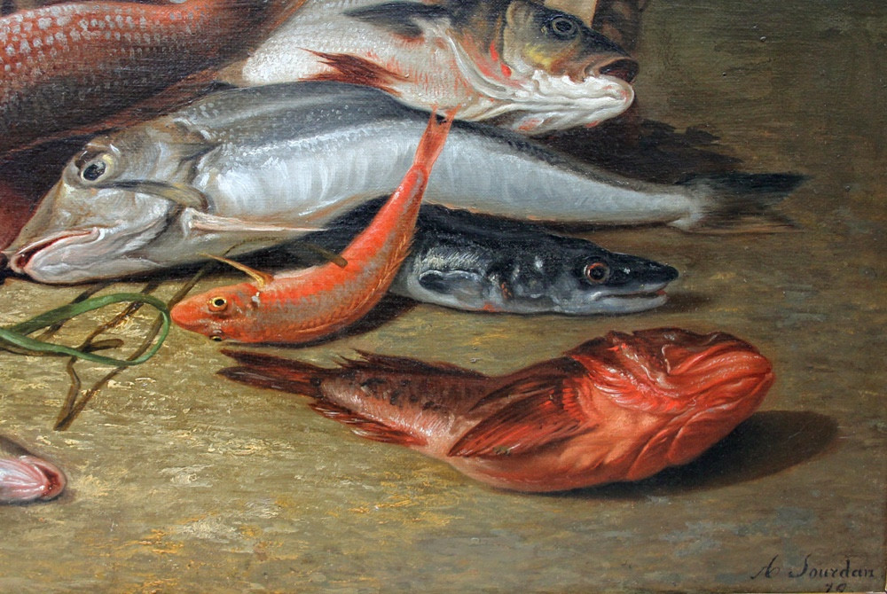 Nature morte aux poissons de mer par Adolphe Jourdan (Français, 1825 - Nîmes - 1889)-photo-2