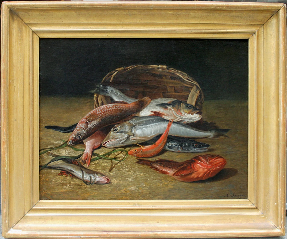 Nature morte aux poissons de mer par Adolphe Jourdan (Français, 1825 - Nîmes - 1889)