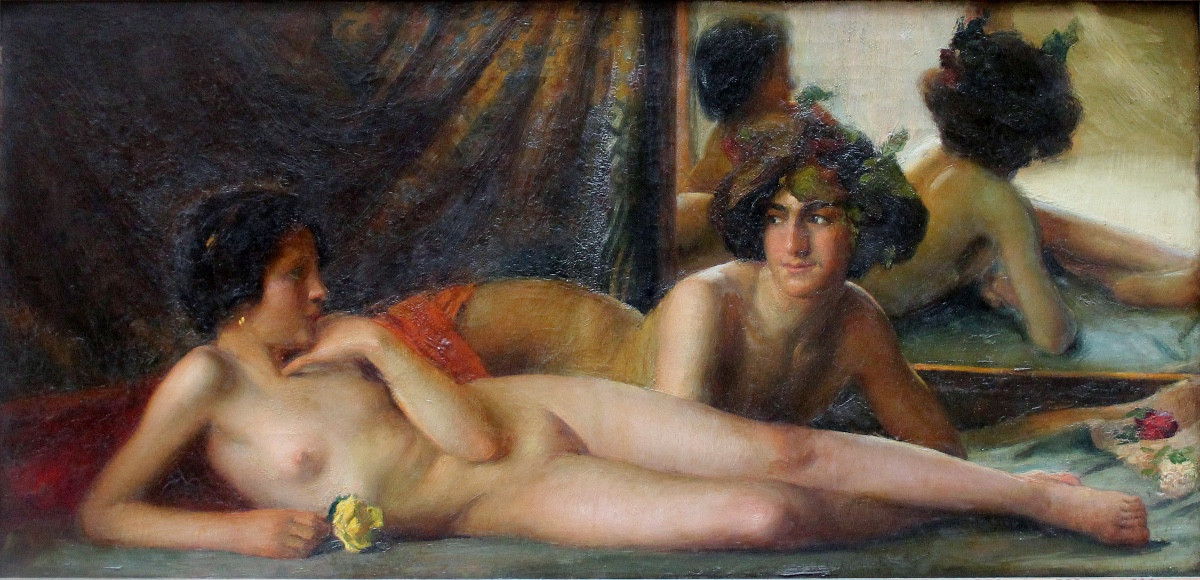 Monumental Nude Painting With Two Lovers, Spanish Painter, 19th Century-photo-2