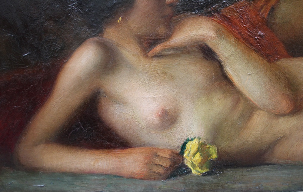 Monumental Nude Painting With Two Lovers, Spanish Painter, 19th Century-photo-1
