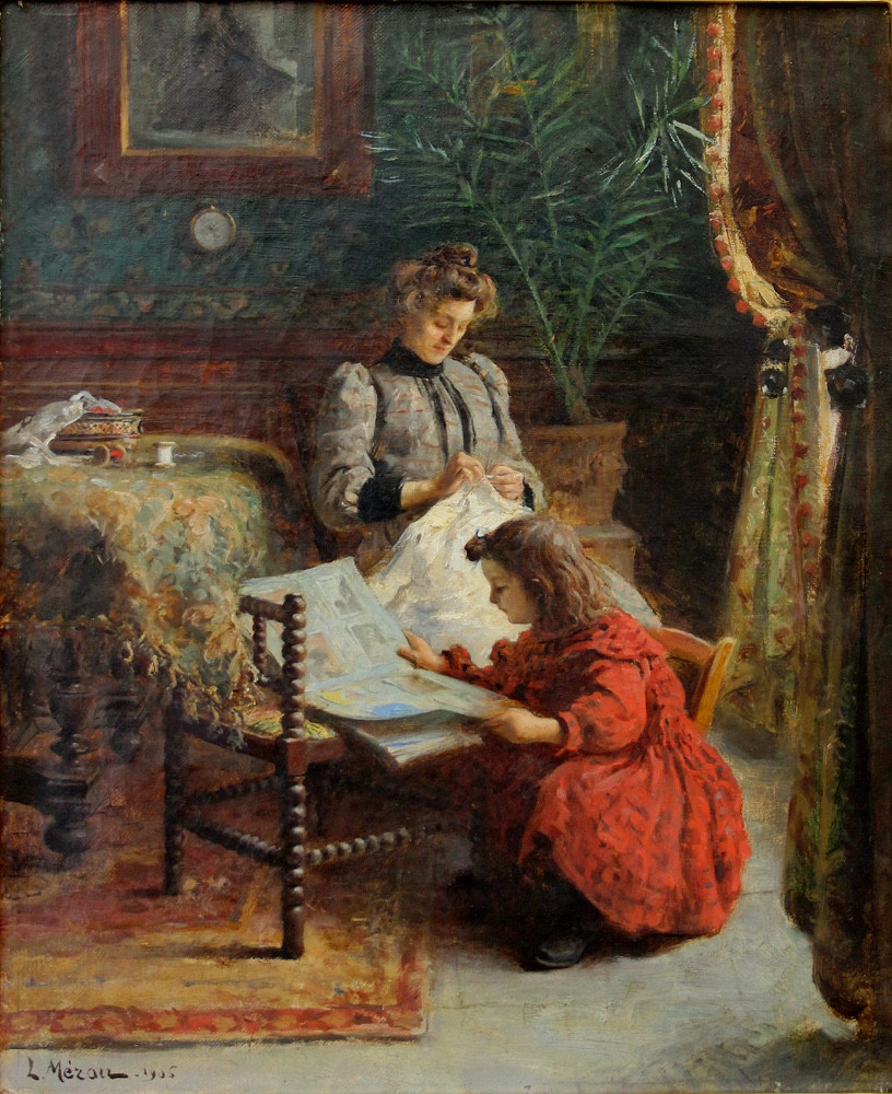 Scène d'intérieur familiale par Louis Merou (classé, français, né en 1870).-photo-2