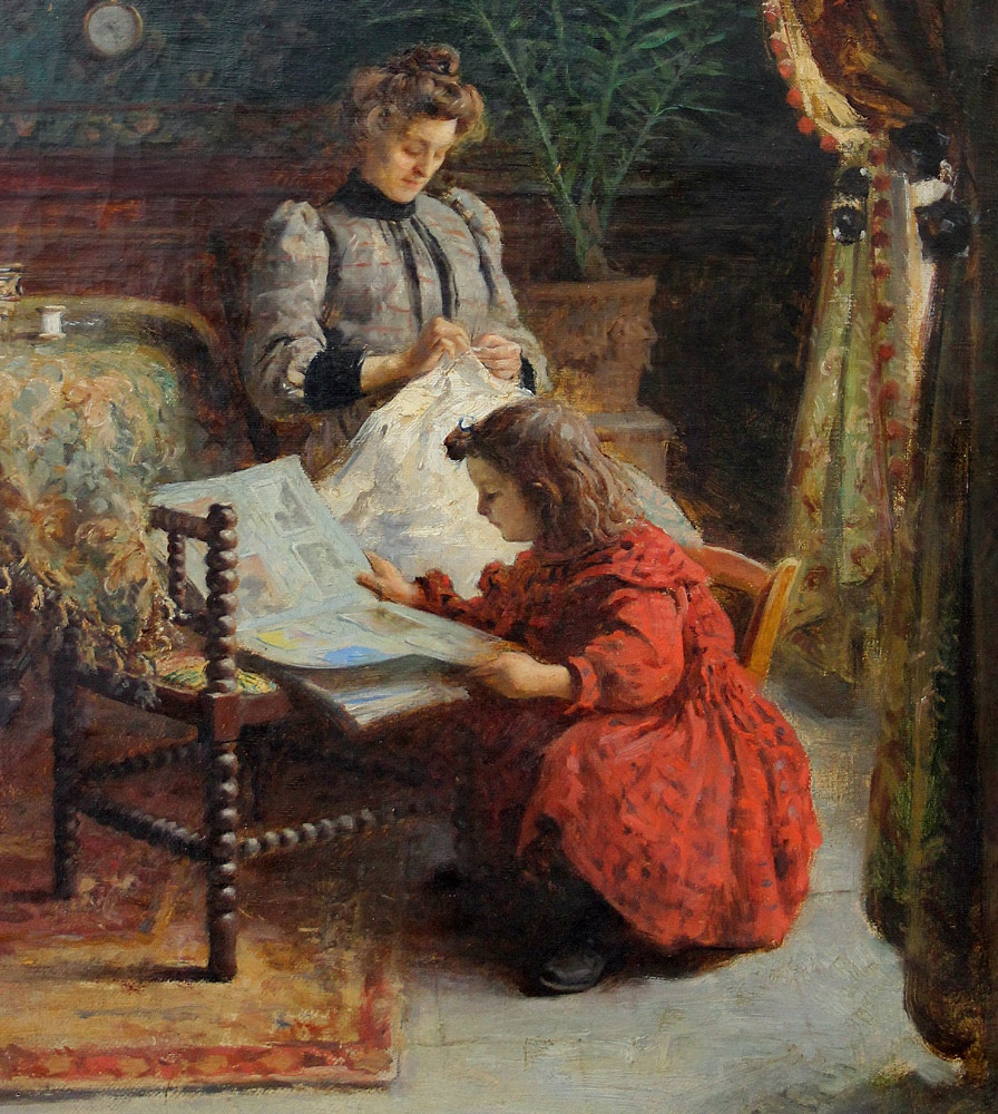 Scène d'intérieur familiale par Louis Merou (classé, français, né en 1870).-photo-3