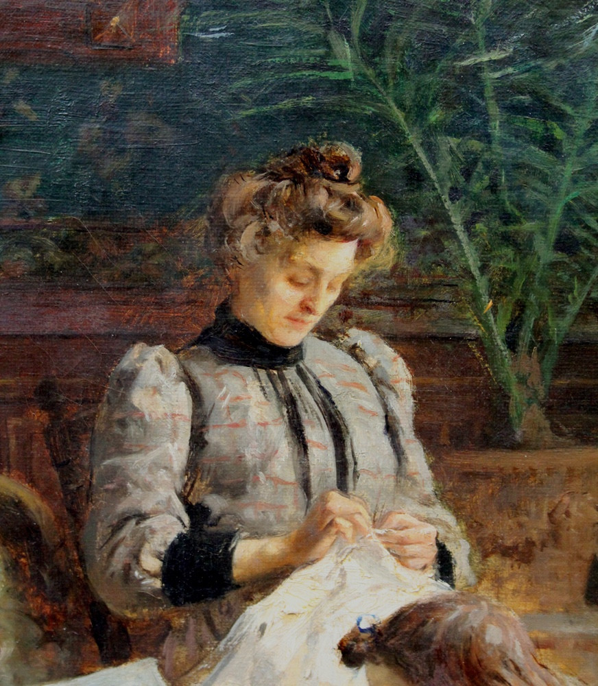Scène d'intérieur familiale par Louis Merou (classé, français, né en 1870).-photo-4