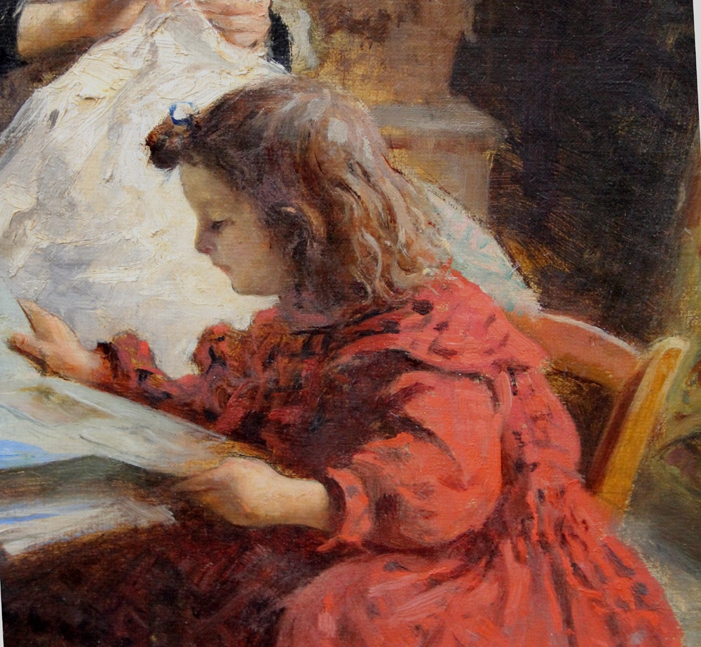 Scène d'intérieur familiale par Louis Merou (classé, français, né en 1870).-photo-2