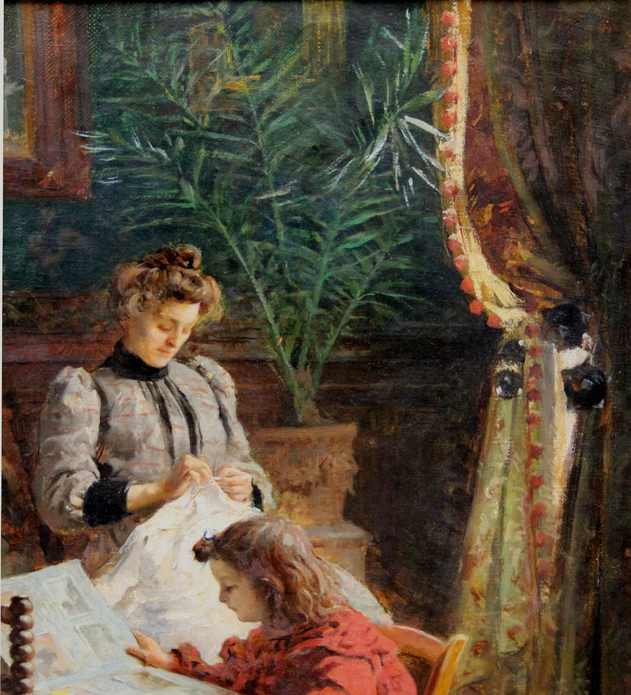 Scène d'intérieur familiale par Louis Merou (classé, français, né en 1870).-photo-5