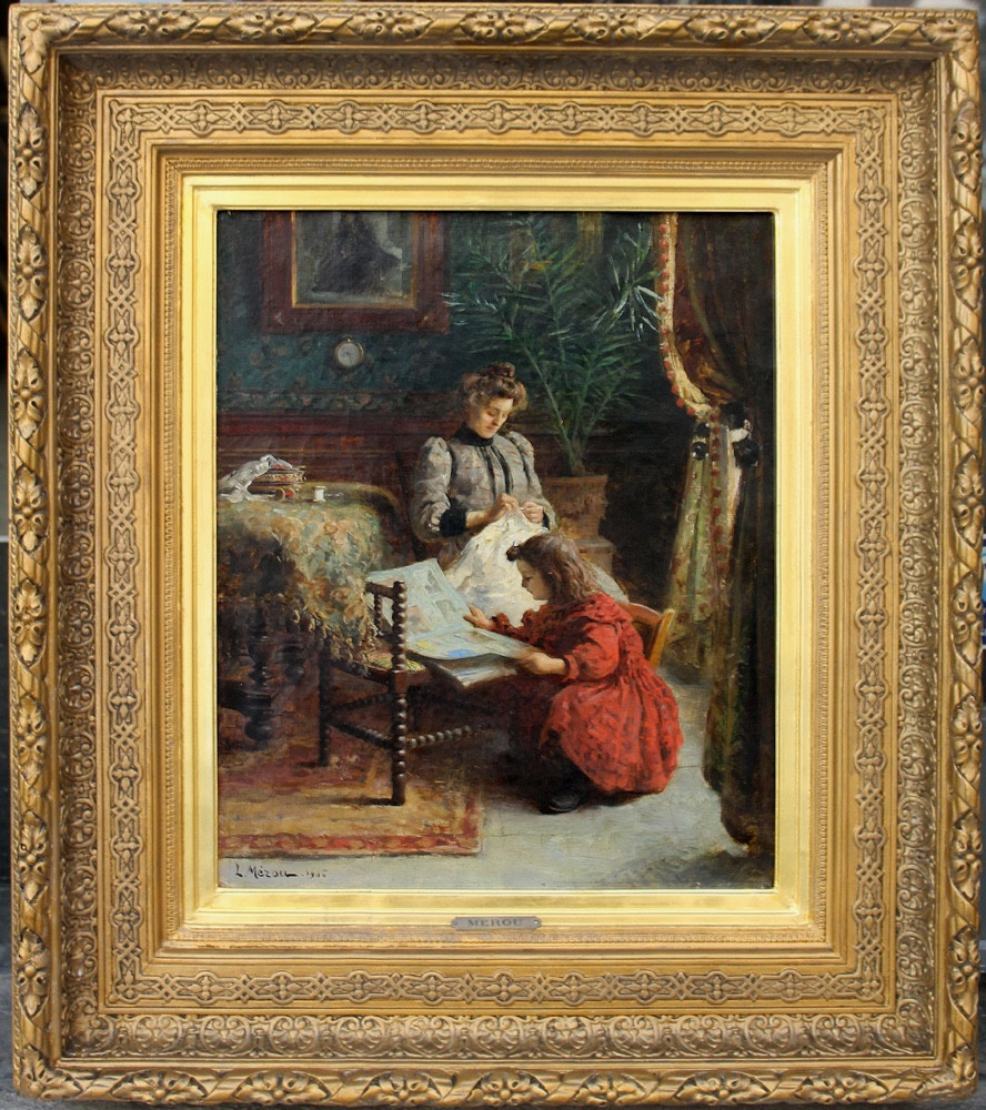 Scène d'intérieur familiale par Louis Merou (classé, français, né en 1870).