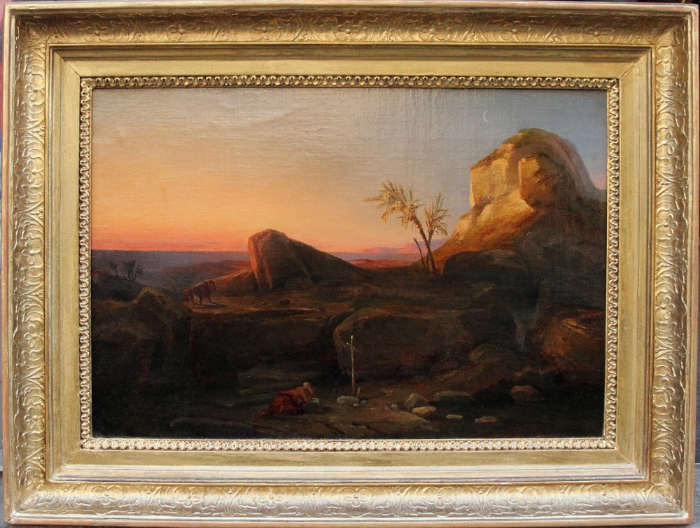 Paysage oriental avec saint Jérôme et un lion de Lodovico Aureli (1816 - Bologne - 1865)