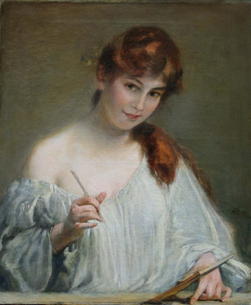 Portrait Of A Young  Female Artist, French Painter Of 19th Century-photo-2
