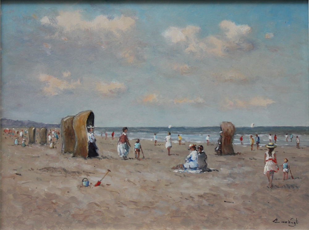 Scène de plage par L. van Vugt (Pays-Bas, XXe siècle)-photo-2