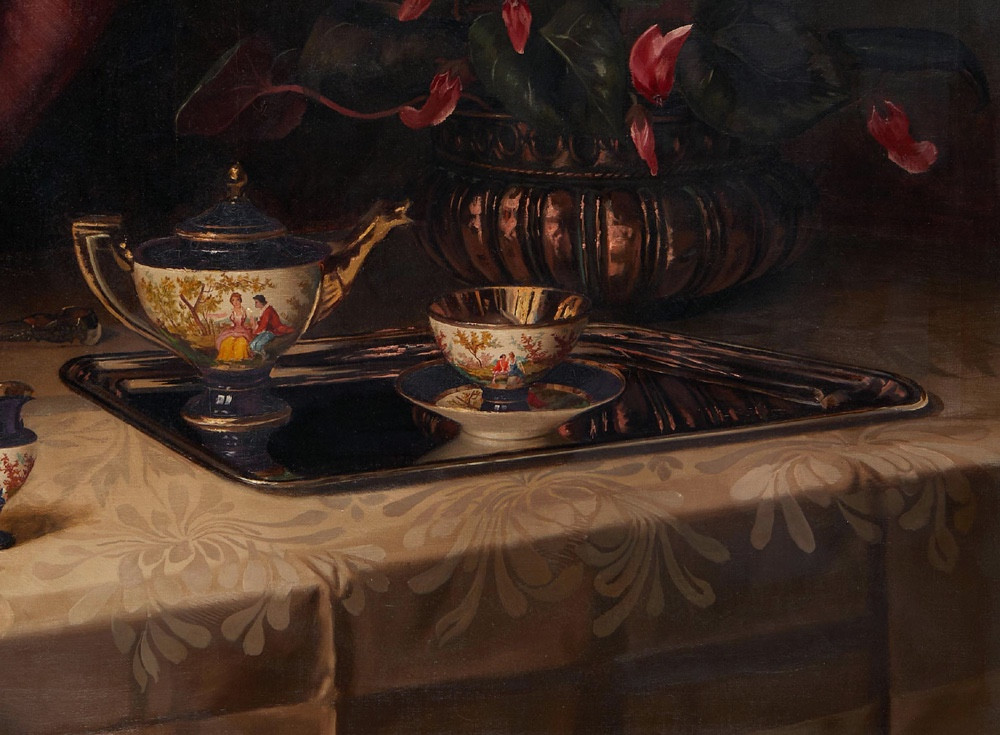 Nature morte au service à thé en porcelaine de Sèvres par Ignaz Schoenbrunner, né en 1871-photo-4