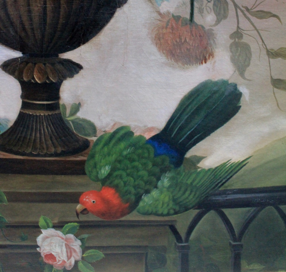 Magnifique nature morte classique avec fleurs, papillons, colibri et perroquet, début du XIXe s-photo-7