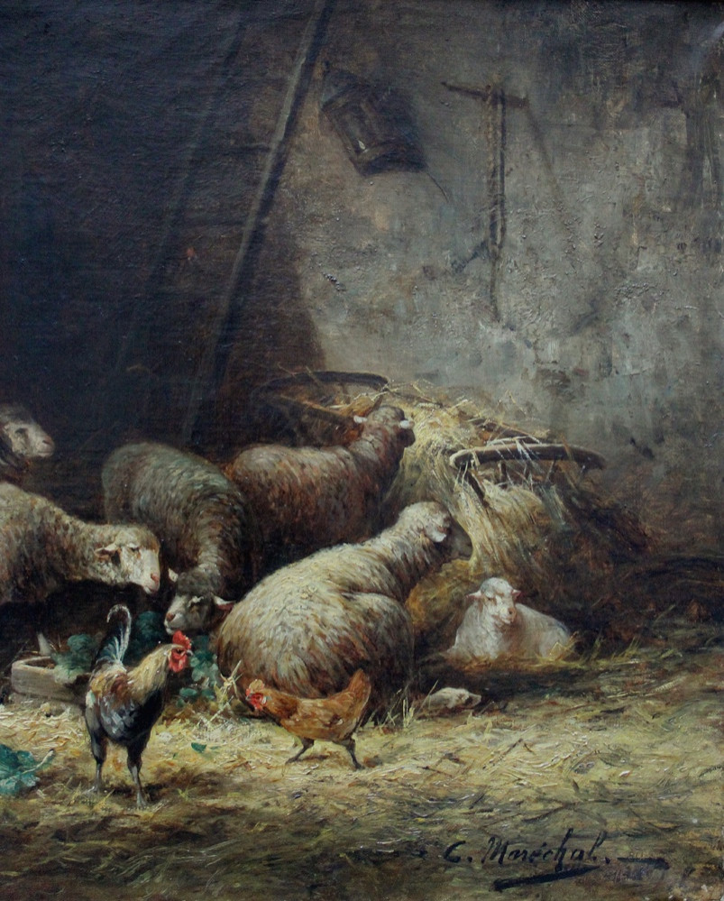 Moutons et poules dans une grange par Charles Maréchal (1865 - vers 1931)-photo-3
