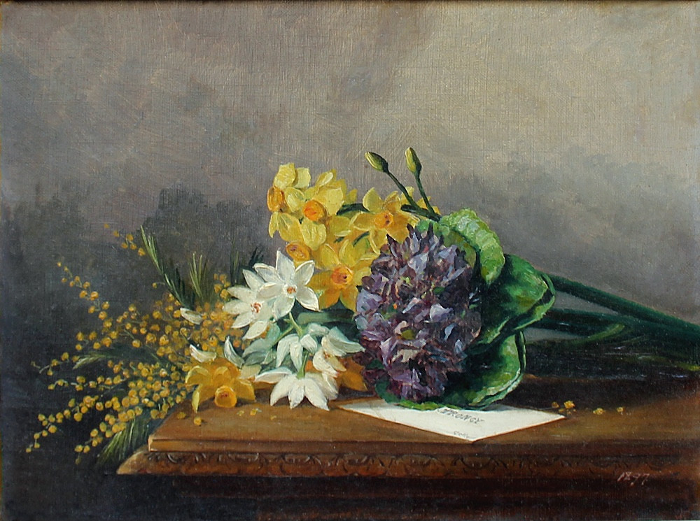Still Life With Mimosas, Daffodils And Violets By Marie De Grelle (belgian, Listed, 19th Century)-photo-2