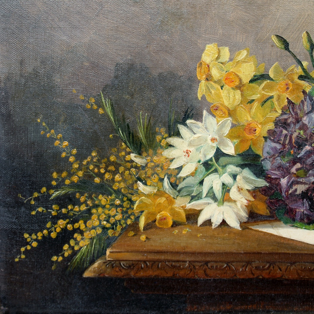 Still Life With Mimosas, Daffodils And Violets By Marie De Grelle (belgian, Listed, 19th Century)-photo-3