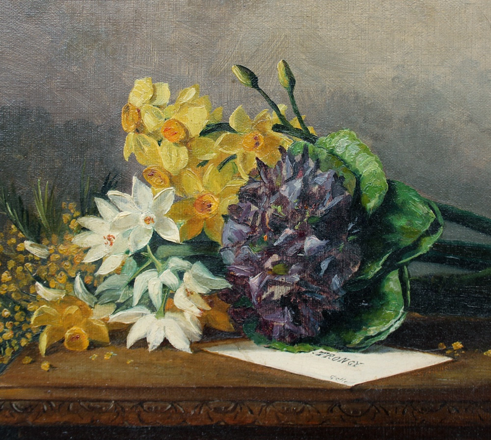 Still Life With Mimosas, Daffodils And Violets By Marie De Grelle (belgian, Listed, 19th Century)-photo-1