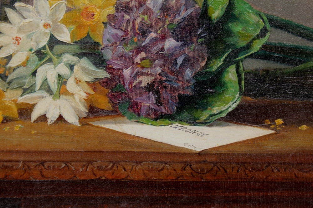 Still Life With Mimosas, Daffodils And Violets By Marie De Grelle (belgian, Listed, 19th Century)-photo-2