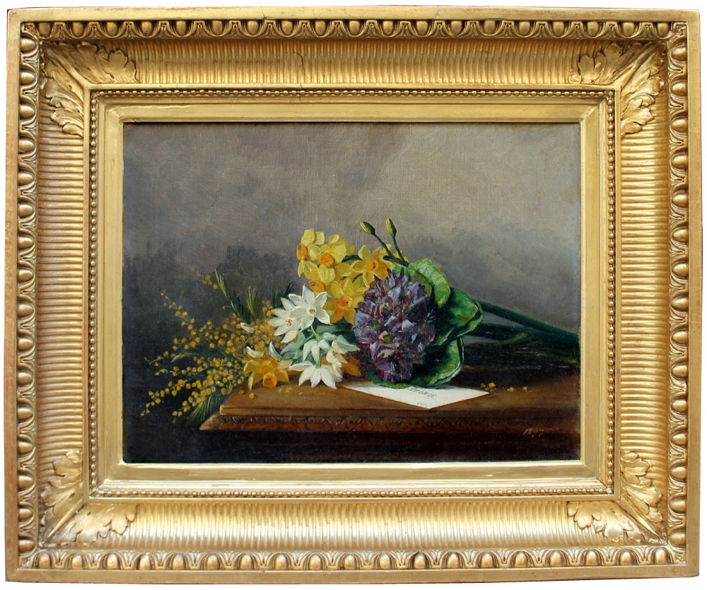 Still Life With Mimosas, Daffodils And Violets By Marie De Grelle (belgian, Listed, 19th Century)