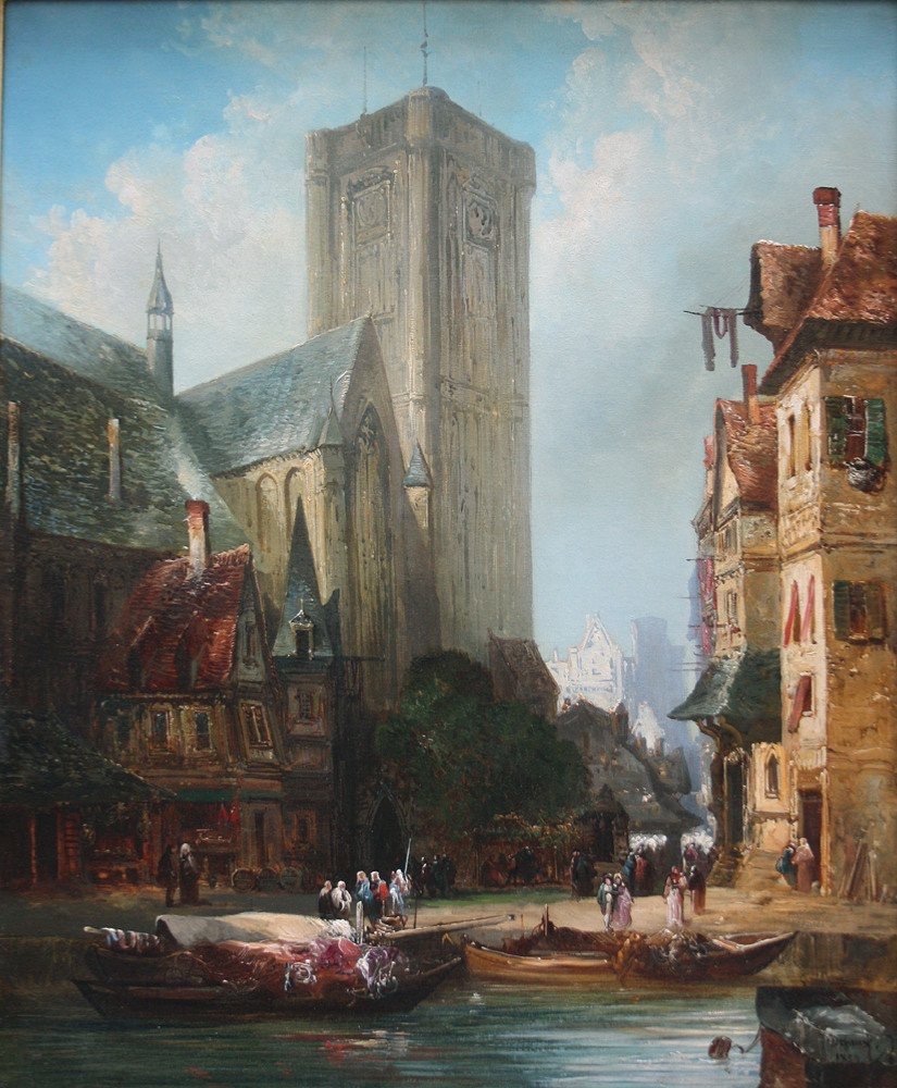 Scène de rue devant une Cathédrale (vieux Rouen?) par Alexandre Defaux (français, 1826-1900)-photo-2