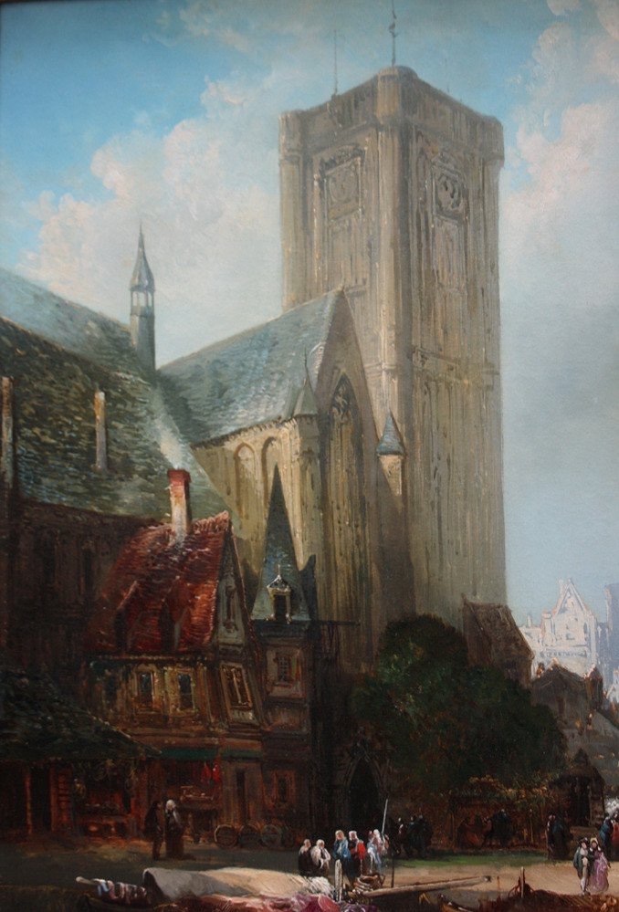 Scène de rue devant une Cathédrale (vieux Rouen?) par Alexandre Defaux (français, 1826-1900)-photo-4