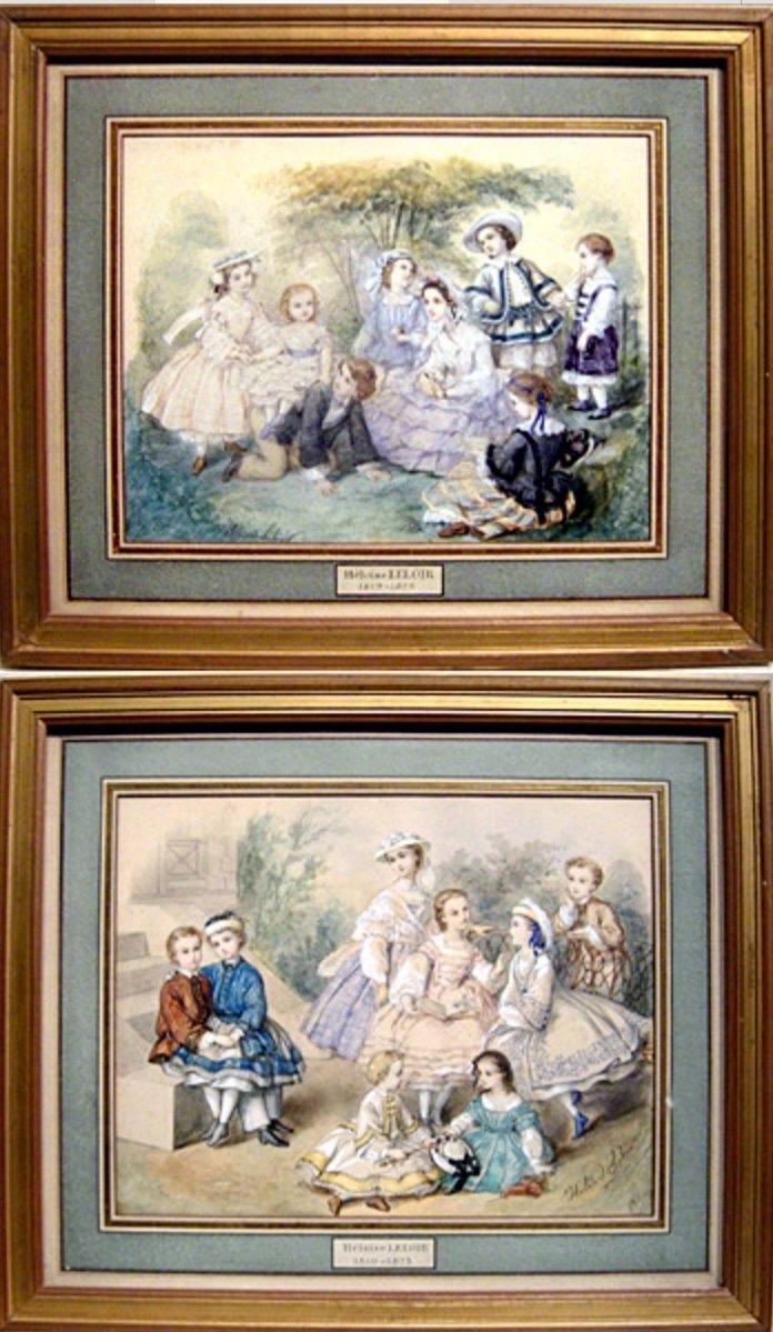 Pair Of Watercolors Osecond Empire Style “children's Games" By Héloïse Leloir-colin (1820-1873)