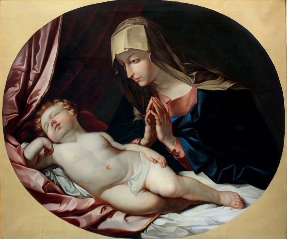 Vierge en adoration avec l'enfant Jésus endormi par J.Hölzl (1809-1891) d'après Guido Reni-photo-2