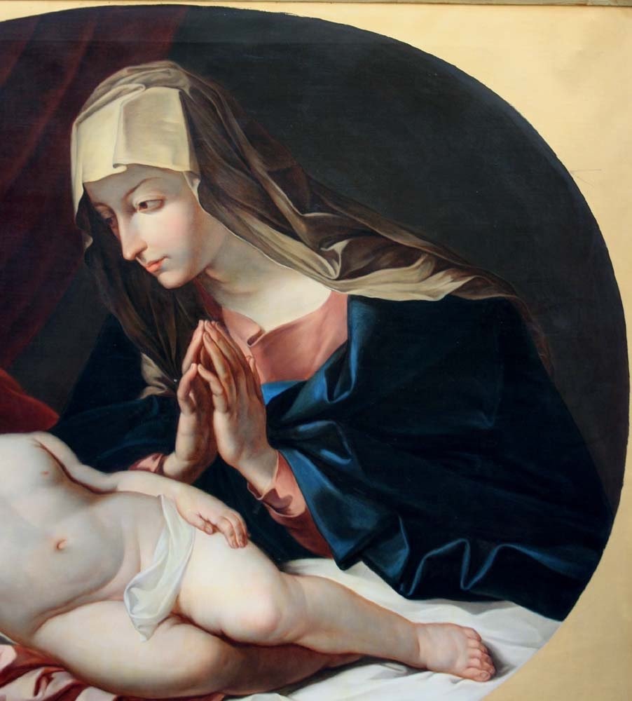 Vierge en adoration avec l'enfant Jésus endormi par J.Hölzl (1809-1891) d'après Guido Reni-photo-3