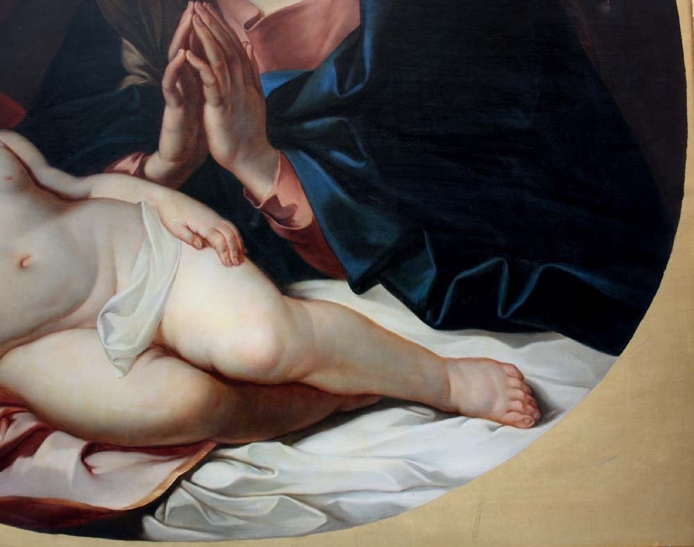 Vierge en adoration avec l'enfant Jésus endormi par J.Hölzl (1809-1891) d'après Guido Reni-photo-4