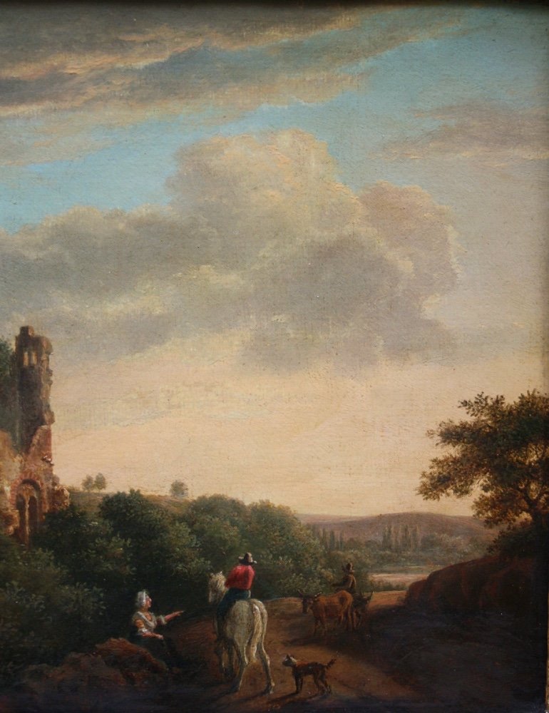 Paysage de coucher de soleil avec des voyageurs par Jean-Louis De Marne (né en 1752), attribué-photo-3