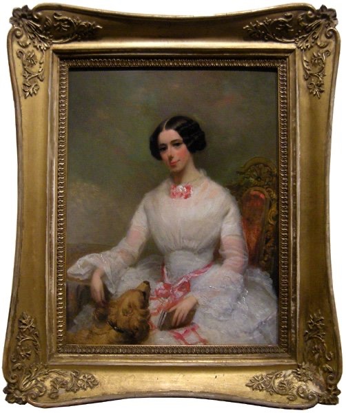 French Portrait Painter, Circa 1840. Portrait Of A Young Woman With Her Favorite Dog.