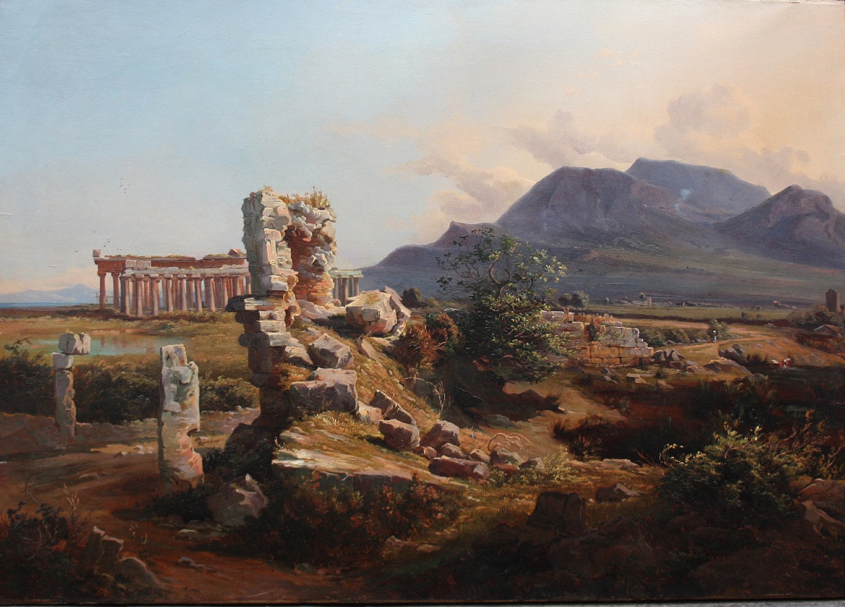 Vue des ruines antiques de Paestum sur la côte de Salerne, École de Posillipo, vers 1840-photo-2