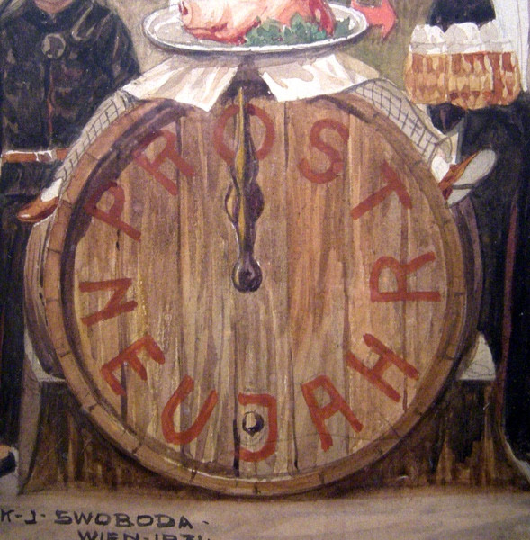 Happy New Year, Original Watercolor By Hugo Kj Swoboda (vienna, Dated 1931)-photo-2