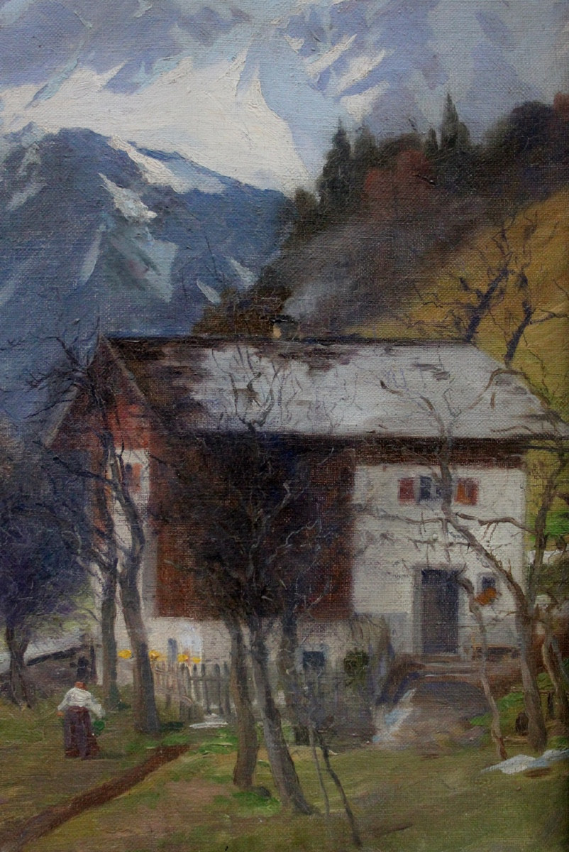 Paysage de montagne avec ferme au bord du lac par Ronzoni (italien, XIXe/XXe siècles)-photo-1