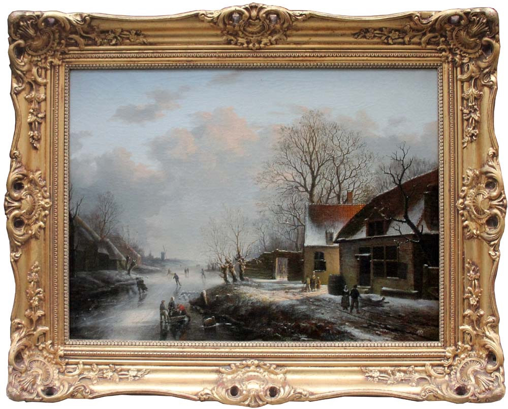Village avec des patineurs sur un canal gelé parAlexander Jos.Daiwaille (Pays-Bas, 1818 - 1888)