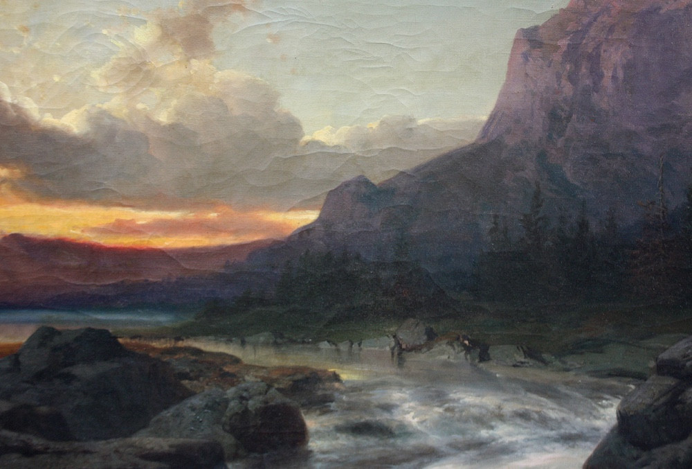 Tableau monumental « Paysage au coucher du soleil » par Albert  Zimmermann (1808-1888)-photo-4