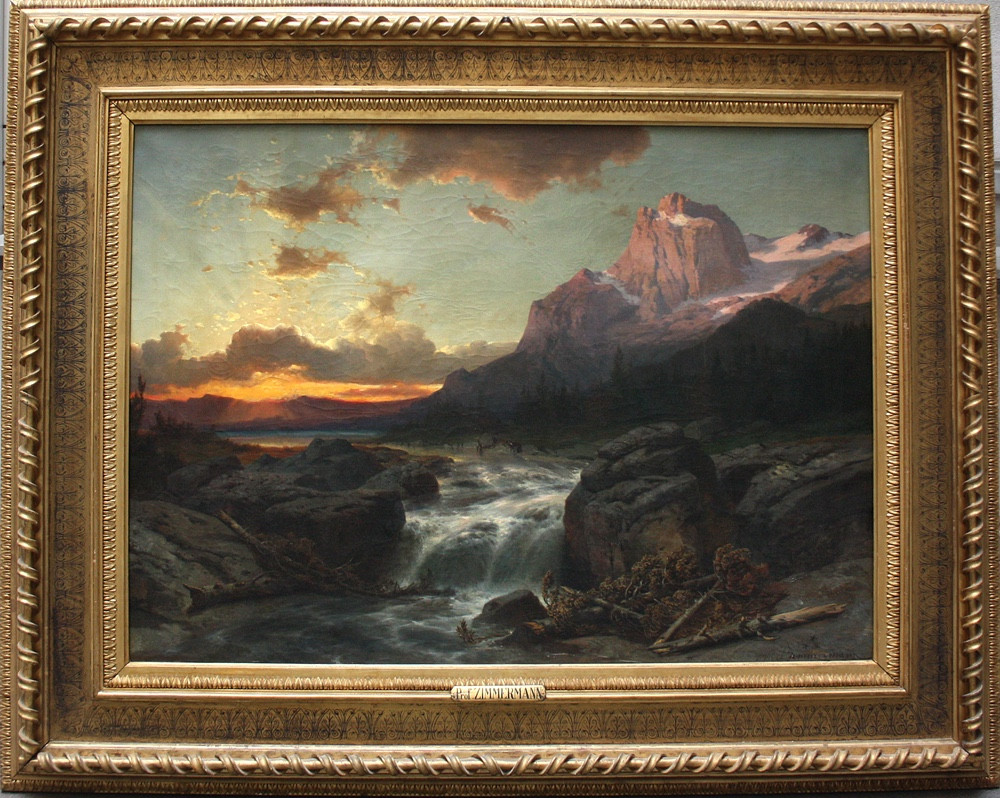 Tableau monumental « Paysage au coucher du soleil » par Albert  Zimmermann (1808-1888)