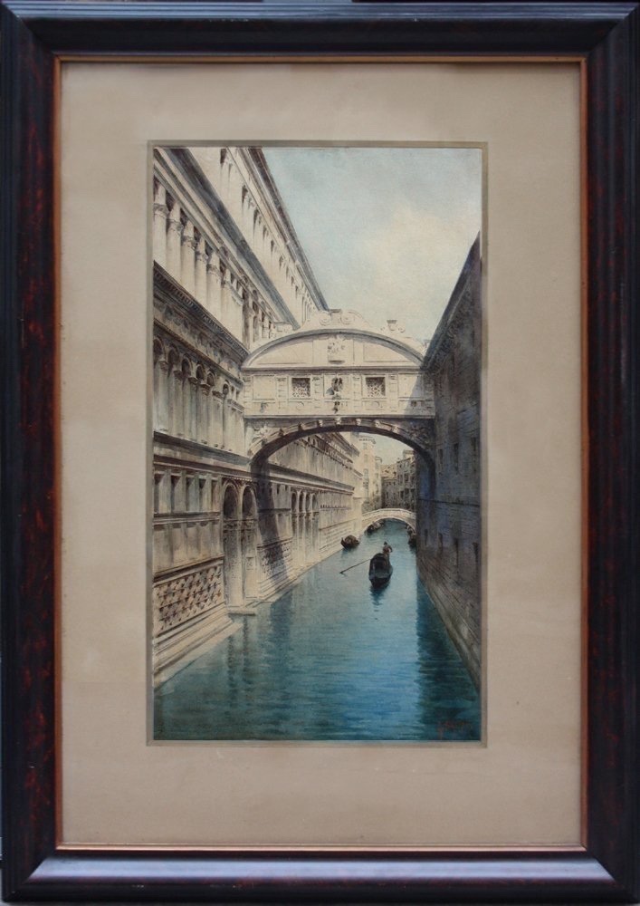 Paire de grandes aquarelles à motifs Vénitiens par Giuseppe Saletta, Italien, fin du19e Siecle-photo-2