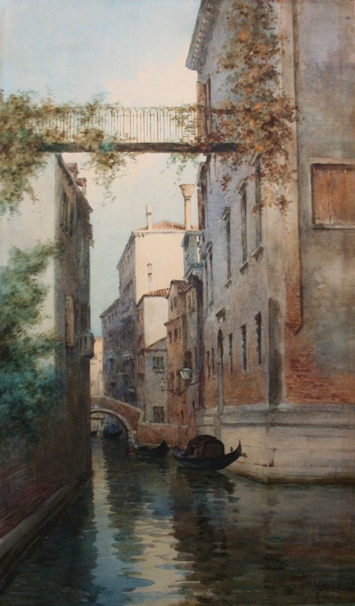 Paire de grandes aquarelles à motifs Vénitiens par Giuseppe Saletta, Italien, fin du19e Siecle-photo-3